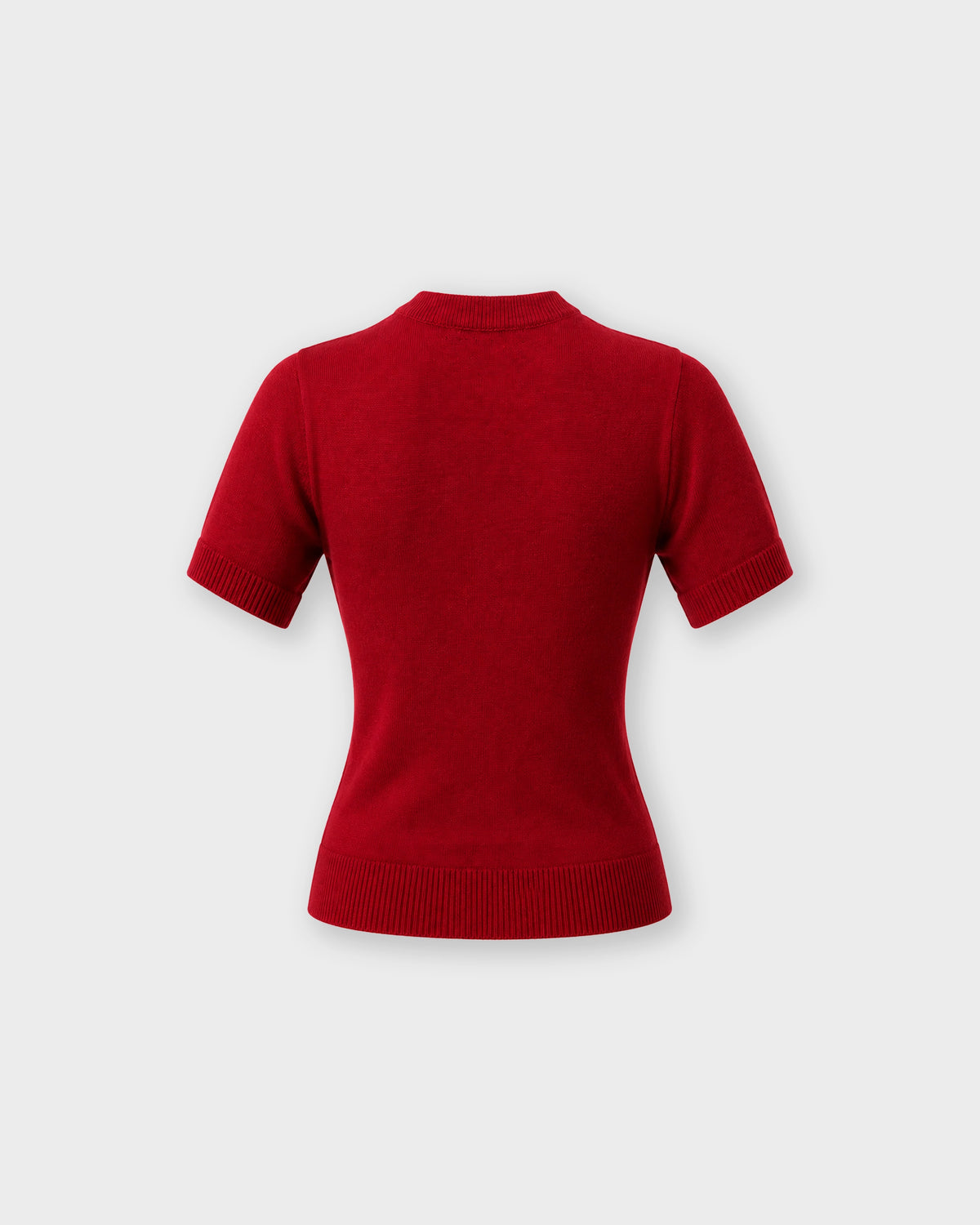 A red short-sleeve knit sweater shown from the back, displayed on a light gray background.