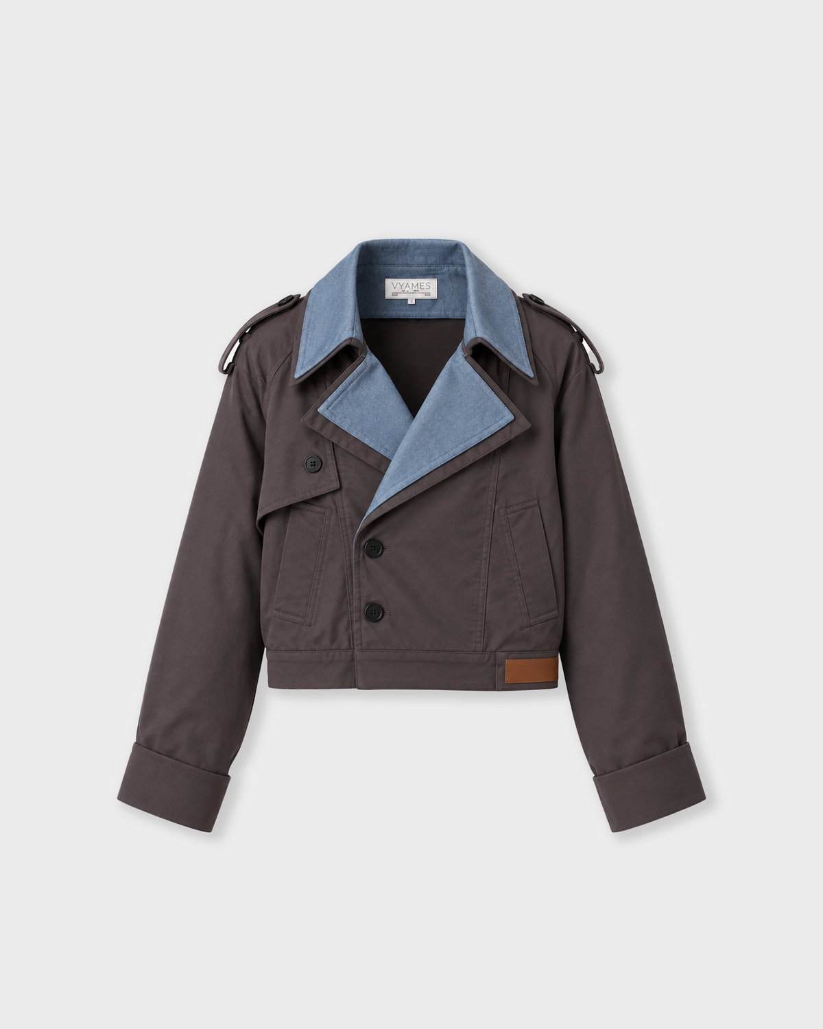 A cropped dark brown jacket with a contrasting light blue denim collar, shown flat against a light gray background.